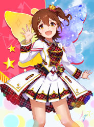 1girl :d absurdres brown_eyes brown_hair butterfly_background collared_jacket cowboy_shot crown hair_between_eyes hair_ornament hairclip hand_up highres idolmaster idolmaster_million_live! idolmaster_million_live!_theater_days jacket kasuga_mirai koaya long_sleeves mini_crown one_side_up open_mouth plaid_clothes plaid_jacket re_prologue_x_(idolmaster) short_hair signature skirt smile solo standing white_jacket white_skirt x_hair_ornament