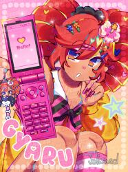 1girl artist_name bow bowtie cellphone character_name drill_hair english_text flip_phone flower gyaru hair_between_eyes hair_flower hair_ornament hairclip heart highres holding holding_phone joliseed kasane_teto kogal long_sleeves looking_at_viewer magical_miracle_metagalphose_(synthv) manba_gyaru open_mouth phone purple_nails red_hair solo sparkle star_(symbol) striped_bow striped_bowtie striped_clothes sweater twin_drills utau watermark white_flower yellow_sweater