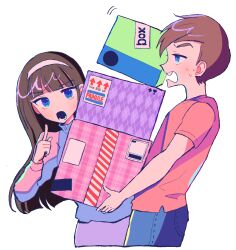 1boy 1girl aged_up black_hair blue_eyes box brown_hair buck_teeth chocovan1 commentary denim english_commentary fragile_symbol headband highres holding holding_box jeans long_hair long_sleeves lower_teeth_only open_mouth pants purple_skirt purple_sweater red_shirt shirt simple_background skirt sweat sweater teeth the_fairly_oddparents timmy_turner trixie_tang white_background white_headband
