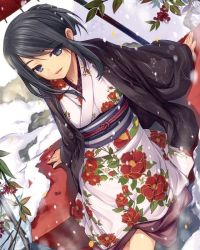 Rule 34 | 1girl, black hair, blue eyes, camellia, camellia print, copyright request, female focus, floral print, flower, hair up, hiiro yuki, holly, japanese clothes, kimono, leaning back, obi, oil-paper umbrella, sash, short hair, smile, snow, solo, swept bangs, thighs, umbrella, winter