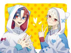 2boys male_alear_(fire_emblem) blue_eyes blue_hair male_corrin_(fire_emblem) crossed_bangs fire_emblem fire_emblem_engage fire_emblem_fates hair_between_eyes heterochromia highres kataagetokage male_focus multicolored_hair multiple_boys nintendo red_eyes red_hair split-color_hair two-tone_hair
