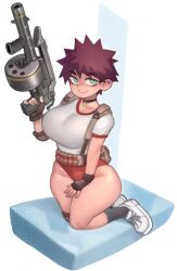 Rule 34 | 12-gauge, 1girl, absurdres, ammunition, armsel striker, black socks, blue eyes, blush, breasts, bursting breasts, collar, green eyes, gun, gym mattress, highres, kelvin hiu, large breasts, looking at viewer, multicolored eyes, original, red hair, revolver shotgun, riot shotgun, semi-automatic shotgun, shirt, shoes, short hair, shorts, shotgun, shotgun shell, sneakers, socks, tomboy, two-tone eyes, weapon, white shirt