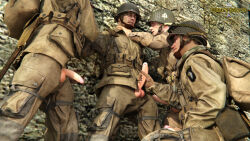 3d 4boys captain_(medal_of_honor:_frontline) handjob james_patterson_(medal_of_honor) looking_at_penis medal_of_honor multiple_boys penis soldier testicles yaoi