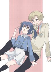 Rule 34 | 00s, 1boy, 1girl, black legwear, blonde hair, blue hair, brother and sister, brown eyes, clannad, long hair, school uniform, short hair, siblings, sunohara mei, sunohara youhei, takumi (scya), twintails