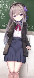 1girl absurdres alternate_costume black_cardigan black_hat black_skirt blush brown_hair cardigan chalkboard classroom closed_mouth collared_shirt commentary_request hat herta_(honkai:_star_rail) herta_(puppet)_(honkai:_star_rail) highres honkai:_star_rail honkai_(series) indoors long_hair looking_at_viewer open_cardigan open_clothes pleated_skirt purple_eyes school_uniform shirt skirt solo standing the_herta_(honkai:_star_rail) white_shirt yamato_(muchuu_paradigm)