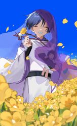 1boy absurdres armor black_bow black_sash blue_sky blunt_ends blush bow clear_sky clenched_hand closed_eyes clothing_cutout doll eyelashes eyeliner eyeshadow falling_petals field floral_print_veil flower flower_field genshin_impact grey_hair hair_intakes hand_on_own_chest hand_up happy highres holding holding_doll holding_flower japanese_armor japanese_clothes kariginu kimono kote kurokote layered_sleeves long_sleeves makeup male_focus open_mouth pelvic_curtain petals pom_pom_(clothes) purple_kimono purple_sleeves purple_veil red_eyeliner red_eyeshadow rtms sash scaramouche_(genshin_impact) scaramouche_(kabukimono)_(genshin_impact) see-through_clothes see-through_veil shoulder_cutout sky solo string twitter_username veil white_mouth white_sleeves wide_sleeves yellow_flower yellow_petals