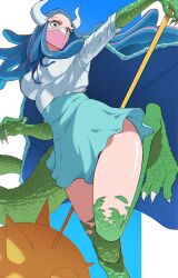 1girl blue_background blue_cape blue_hair blue_skirt breasts cape claws curvy dinosaur dinosaur_girl dinosaur_tail floating_hair green_scales highres horns large_breasts long_hair mace mask monster_girl mouth_mask one_piece pink_mask red_eyes ribbon scales shirt simple_background skirt solo spiked_mace spikes standing standing_on_one_leg tail temmye_001 thighs ulti_(one_piece) weapon white_background white_shirt wide_hips