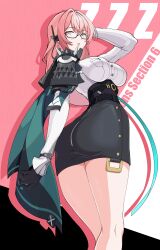 Rule 34 | 151472, 1girl, absurdres, armor, ass, black gloves, black skirt, breasts, collared shirt, eyebrows hidden by hair, gloves, high-waist skirt, highres, large breasts, lipstick, long hair, looking at viewer, makeup, pencil skirt, pink hair, pink lips, purple eyes, shirt, shoulder armor, skirt, solo, spiked armor, standing, teeth, thighs, tsukishiro yanagi, very long hair, white shirt, zenless zone zero
