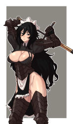 Rule 34 | 1girl, absurdres, armor, armored corset, armored legwear, arms up, black eyes, black hair, blush, borrowed character, breasts, closed mouth, collared shrug, commentary, ebonyxh, english commentary, executioner&#039;s sword, executioner maid (centurii-chan), frilled skirt, frills, gauntlets, grey background, hair between eyes, highres, large breasts, long bangs, long hair, long sword, looking at viewer, maid, maid headdress, no panties, original, pelvic curtain, shrug (clothing), simple background, skirt, solo, sword, two-handed sword, weapon, white background, zweihander