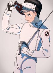 Rule 34 | 1boy, alternate costume, bandaid, bandaid on cheek, bandaid on face, bodysuit, commentary request, cowboy shot, dated, fencing, fencing suit, foil (fencing), gloves, grey eyes, grey hair, hand up, highres, holding, holding sword, holding weapon, korean commentary, lcs 0209, long sleeves, male focus, pants, parted lips, persona, persona 3, persona 3 reload, removing headwear, sanada akihiko, serious, short hair, solo, sparkle, sportswear, sweat, sweatdrop, sword, twitter username, weapon, white bodysuit, white gloves, white pants
