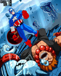 Rule 34 | 2boys, akuma (street fighter), battle, capcom, captain america, captain america (series), cyber-akuma, cyborg, gloves, lying, marvel, marvel super heroes vs. street fighter, marvel vs. capcom, mask, multiple boys, red hair, shield, standing