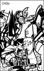 00s 2girls 4boys beanie belt cape captainosaka cartoon_network coop_(megas_xlr) crossover face-to-face gainax goggles goggles_on_head greyscale gurren-lagann hat high_contrast highres jamie_(megas_xlr) kamina_(ttgl) kamina_shades kiva mecha megas_xlr monochrome multiple_boys multiple_girls robot scarf simon_(ttgl) tengen_toppa_gurren_lagann triangular_eyewear yoko_littner