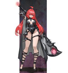 1girl absurdres ahoge arm_at_side armor arowana2111 belt black_armor black_background black_belt blue_eyes blunt_bangs breasts couter full_body gauntlets highres holding holding_scythe holding_weapon large_breasts leg_belt long_hair looking_at_viewer original parted_lips red_hair red_lips revealing_clothes scythe shadow standing thigh_belt thigh_strap vambraces weapon white_background