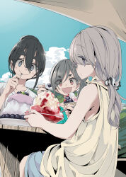 3girls :d absurdres afro_(kngotezo) amamiya_satsuki_(mono) black_hair blue_eyes blue_skirt blue_sky blueberry blush bowl canopy_(shelter) cloud commentary cumulonimbus_cloud day eating eyes_visible_through_hair food from_side fruit garnish glass_bowl green_shirt grey_hair hair_between_eyes hair_bun hair_ornament hair_over_one_eye hair_scrunchie highres holding holding_bowl holding_spoon kiriyama_an long_hair looking_at_viewer looking_to_the_side low_ponytail mono_(afro) mountain multiple_girls official_art open_mouth outdoors plate ponytail purple_eyes red_eyes scrunchie shaved_ice shikishima_sakurako shirt single_hair_bun sitting skirt sky sleeveless sleeveless_shirt smile spoon straight-on syrup t-shirt table thick_eyebrows utensil_in_mouth white_shirt wooden_table yellow_shirt