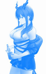 1girl arknights breasts ch&#039;en_(arknights) coffee cup dragon_horns dragon_tail highres holding holding_cup horns jacket large_breasts long_hair luodedaoruye powder shirt simple_background skirt sleeveless sleeveless_shirt solo tail twintails white_background