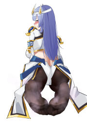 1girl absurdres ass blue_eyes blue_hair blush feet highres jeanne_(nyanko_daisensou) long_hair looking_at_viewer looking_back nyanko_daisensou pantyhose seiza sitting smile soles steam toes xiao_wu_ben_wu