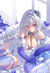 1girl absurdres bare_shoulders breasts cleavage closed_mouth criss-cross_halter cushion dress elbow_gloves genshin_impact gloves halterneck highres indoors kururu_(qqqqq59508750) large_breasts leaning_to_the_side long_hair paid_reward_available pink_eyes purple_gloves purple_thighhighs short_dress skirk_(genshin_impact) solo thick_thighs thighhighs thighs torn_clothes torn_thighhighs variant_set white_dress white_hair window