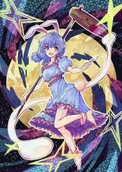 1girl absurdres animal_ears blue_dress blue_hair dango dress food full_body highres kine long_hair mallet puffy_short_sleeves puffy_sleeves rabbit_ears rabbit_tail red_eyes seiran_(touhou) short_sleeves socks solo tail tanaka_fumiko touhou wagashi white_socks