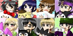 3girls 5boys crossover digimon digimon_survive glasses hinata_minoru kayama_shuuji kimishima_saki momotsuka_takuma multiple_boys multiple_girls ribbon sanrio shibuya_aoi shinonome_kaito shinonome_miu tominaga_ryo