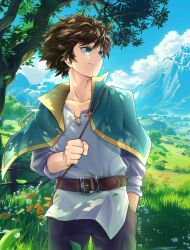 1boy absurdres belt black_pants brown_hair capelet closed_mouth collarbone commentary cowboy_shot day english_commentary grass green_capelet green_eyes hand_in_pocket highres holding kono_subarashii_sekai_ni_shukufuku_wo! long_sleeves looking_to_the_side mountain mountainous_horizon nature outdoors pants profile satou_kazuma shigokin_(baller4jesus27) shirt short_hair signature sky solo tree white_shirt