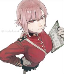 Rule 34 | 1girl, blush, breasts, clipboard, fate/grand order, fate (series), florence nightingale (fate), folded ponytail, from above, gloves, hand on own hip, jacket, large breasts, long hair, long sleeves, looking at viewer, looking to the side, pink hair, red eyes, red jacket, solo, sweat, tonko from, white background