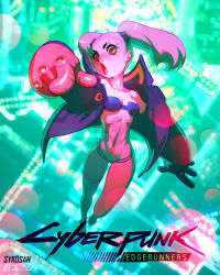 1girl artist_name blurry blurry_background breasts colored_sclera copyright_name cyberpunk_(series) cyberpunk_edgerunners cyborg foreshortening full_body highres jacket leg_tattoo looking_at_viewer mechanical_hands neck_tattoo open_mouth red_sclera small_breasts solo stomach_tattoo sykosan tattoo twintails underwear v-shaped_eyebrows yellow_pupils