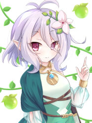 1girl antenna_hair bag breasts brown_bag cape closed_mouth commentary_request criss-cross_straps dress elf flower green_cape green_dress green_sleeves grey_hair hair_between_eyes hair_flower hair_ornament hyper_muteki_(ningen_no_kuzu) kokkoro_(princess_connect!) looking_at_viewer plant pointy_ears princess_connect! purple_eyes satchel see-through_clothes see-through_sleeves short_hair side_cape single_bare_shoulder sleeveless sleeveless_dress small_breasts smile solo standing upper_body vines white_background white_flower
