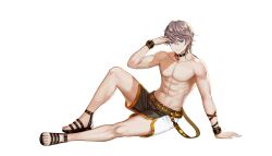 1boy abs artist_request belt black_choker black_male_swimwear black_sandals blue_eyes bracelet brown_belt brown_hair choker commentary commentary_request english_commentary full_body hand_in_own_hair hand_on_ground highres jewelry king&#039;s_raid korean_commentary male_focus male_swimwear medium_hair mixed-language_commentary official_alternate_costume official_art on_ground pectorals sandals second-party_source simple_background sitting solo theo_(king&#039;s_raid) white_background white_male_swimwear wristband