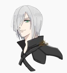 1boy :3 commentary_request final_fantasy final_fantasy_vii final_fantasy_vii_advent_children green_eyes grey_background grey_hair hair_over_one_eye high_collar hnsk_013 jacket kadaj leather leather_jacket looking_at_viewer male_focus portrait short_hair signature slit_pupils straight_hair twitter_username zipper