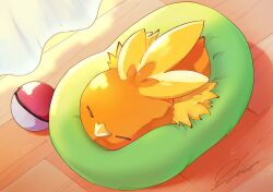Rule 34 | bean bag chair, closed eyes, closed mouth, commentary, curtains, from above, full body, gen 3 pokemon, highres, indoors, lying, nintendo, no humans, on stomach, poke ball, poke ball (basic), pokemon, pokemon (creature), qua, signature, sleeping, solo, symbol-only commentary, torchic, wooden floor