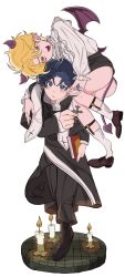 Rule 34 | 2boys, aged down, bible (object), bishounen, blonde hair, blue eyes, blue hair, cassock, clerical collar, cross, cross print, demon, demon boy, demon horns, demon tail, demon wings, dio brando, ear birthmark, full body, highres, holding, holding cross, horns, inu koro koro, jewelry, jojo no kimyou na bouken, jonathan joestar, long sleeves, multiple boys, phantom blood, priest, red eyes, tail, wings, yaoi