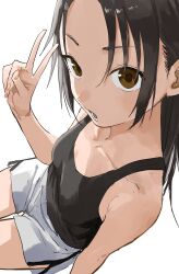 1girl absurdres bare_arms bare_shoulders black_hair black_tank_top breasts brown_eyes collarbone commentary_request dolphin_shorts hand_up highres long_hair looking_at_viewer manemane_nichinichi nagisa_akane open_mouth short_shorts shorts simple_background sitting small_breasts solo tank_top v white_background white_shorts yamamoto_souichirou