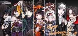 Rule 34 | 3girls, 4boys, ;p, absurdres, belt, belt buckle, black belt, black hair, blouse, blue eyes, blush, bow, brown eyes, brown hair, buckle, candy, commentary request, death (entity), fangs, food, frilled sleeves, frills, green eyes, grey hair, grim reaper, halloween, halloween costume, hand up, hands up, happy halloween, hat, hat bow, highres, holding, holding candy, holding food, holding lollipop, holding mask, holding scythe, hoshina subaru, interlocked fingers, kaoru hana wa rin to saku, lollipop, long hair, looking at viewer, mask, mikami saka, multiple boys, multiple girls, natsusawa saku, nun, official art, one eye closed, open mouth, orange bow, orange shirt, outstretched arms, own hands clasped, own hands together, parted lips, praying, red eyes, scythe, shirt, short hair, signature, skull mask, smile, spiked hair, teeth, tongue, tongue out, traditional nun, tsumugi rintarou, usami shouhei, waguri kaoruko, witch hat, yorita ayato, yuzuhara madoka