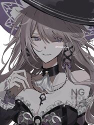 1girl black_dress black_hat detached_sleeves dress hat herta_(honkai:_star_rail) honkai:_star_rail honkai_(series) jewelry key key_necklace necklace official_alternate_design purple_eyes purple_hat purple_nails purple_ribbon ribbon rurusorachan solo the_herta_(honkai:_star_rail) witch_hat