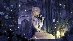 1girl absurdres bare_legs barefoot black_dress blonde_hair breasts cartethyia_(wuthering_waves) commentary crown_of_thorns dress earrings flower highres holding holding_flower iras17514 jewelry legs long_hair outdoors pointy_ears seiza sitting small_breasts solo tabard tacet_mark_(wuthering_waves) very_long_hair white_tabard wuthering_waves