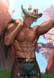 1boy abs absurdres aqua_eyes arms_up asa_ifrit_(asaifrit) black_pants blush brown_hat dark-skinned_male dark_skin genshin_impact grey_hair hat highres holding holding_unworn_clothes ifa_(genshin_impact) male_focus multicolored_hat muscular muscular_male navel neck_tattoo nipples open_mouth pants solo stomach tattoo topless_male white_hair white_hat