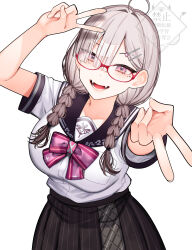 1girl ahoge blush bow braid breasts glasses gomo grey_hair hair_ornament hair_over_one_eye highres large_breasts long_hair looking_at_viewer mole mole_under_eye nijisanji open_mouth purple_eyes school_uniform serafuku shirt skirt smile solo sukoya_kana sukoya_kana_(3rd_costume) twintails virtual_youtuber
