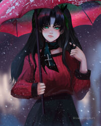 Rule 34 | 1girl, artist name, bixclowart, black hair, black skirt, blush, breasts, fate/stay night, fate (series), green eyes, hair ribbon, highres, holding, holding umbrella, light frown, long hair, long sleeves, looking at viewer, medium breasts, rain, ribbon, skirt, solo, tohsaka rin, twintails, twirling hair, two side up, umbrella