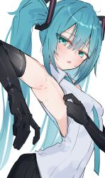 1girl aqua_eyes aqua_hair aqua_necktie armpit_focus armpits bare_shoulders black_gloves blush breasts commentary_request cowboy_shot elbow_gloves gloves hatsune_miku highres long_hair looking_at_viewer low-cut_armhole necktie parted_lips presenting_armpit shirt simple_background sleeveless sleeveless_shirt small_breasts solo sweatdrop thinker25075754 twintails vocaloid white_background white_shirt