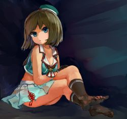 10s 1girl absurdres bad_anatomy bad_feet bad_id bad_pixiv_id beret black_gloves blue_background blue_eyes breasts brown_hair cleavage collarbone crossed_legs dress artistic_error feet female_focus full_body gloves gradient_background hair_ornament hairclip hat highres kantai_collection kawamukai kneehighs large_breasts looking_at_viewer looking_to_the_side maya_(kancolle) maya_kai_ni_(kancolle) miniskirt parted_lips pleated_skirt poorly_drawn sailor_dress school_uniform serafuku shirt short_hair sitting skirt sleeveless sleeveless_shirt socks solo