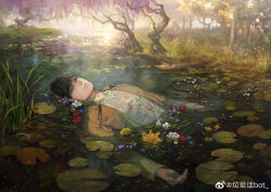 1boy absurdres black_hair brown_coat coat creamyghost flower highres leaf lotus love_and_producer lying purple_eyes solo tree water xu_mo