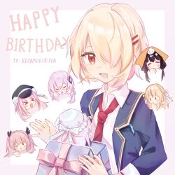 2girls aikawa_megumi asakura_karen_(heaven_burns_red) blonde_hair hair_ornament hair_over_one_eye hairclip happy_birthday heaven_burns_red highres izumi_yuki_(heaven_burns_red) jacket kayamori_ruka kunimi_tama long_hair multiple_girls red_eyes shirt short_hair shuangli team_31a_(heaven_burns_red) toujou_tsukasa white_shirt yuri