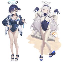 2girls beach black_gloves black_hairband blue_archive blush chihiro_(blue_archive) competition_swimsuit glasses gloves hair_spread_out hairband halo highres himari_(blue_archive) jacket long_hair multiple_girls off_shoulder one-piece_swimsuit ramuri sandals short_hair swimsuit v