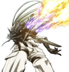 00s 1girl aircraft airplane cargo_pants fanny_pack female_focus fire from_below gloves green_hair imizu_(nitro_unknown) jet karakuri_chachamaru long_hair mahou_sensei_negima! pants robot robot_ears solo thrusters