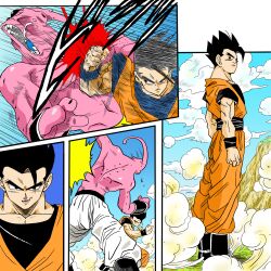 2boys black_eyes black_hair colored_skin dragon_ball fighting happy majin_buu multiple_boys muscular muscular_male pink_skin punching serious smile smug son_gohan spiked_hair toriyama_akira_(style) ultimate_gohan