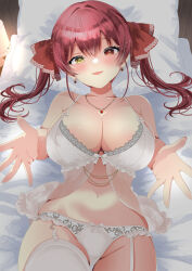 1girl bed blush bra breasts earrings heterochromia highres hololive houshou_marine jewelry large_breasts looking_at_viewer lying navel necklace on_back panties pillow red_eyes red_hair rota_kokko solo thighhighs twintails underwear virtual_youtuber white_bra white_panties white_thighhighs yellow_eyes