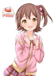 1girl absurdres b1ack_illust bow bowtie brown_hair cardigan checkered_clothes checkered_skirt clenched_hands commentary dot_nose english_commentary english_text excited hair_between_eyes hair_ornament hair_ribbon hairclip hands_up heart highres idolmaster idolmaster_million_live! kasuga_mirai long_sleeves looking_at_viewer medium_hair open_mouth pink_cardigan push-button red_bow red_bowtie red_button red_skirt ribbon shirt side_ponytail skirt smile solo speech_bubble standing v-shaped_eyebrows white_shirt yellow_eyes
