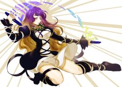 1girl arm_strap black_boots black_jacket black_straps blonde_hair boots breasts brown_background brown_dress chest_strap closed_mouth commentary_request dress frilled_sleeves frills from_side gradient_hair half-closed_eyes highres hijiri_byakuren jacket large_breasts light_smile long_hair long_sleeves looking_at_viewer looking_to_the_side mememedama10 multicolored_hair one_eye_closed purple_hair solo sorcerer&#039;s_sutra_scroll sunburst sunburst_background thigh_strap touhou white_background white_straps