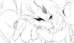 Rule 34 | absurdres, all fours, angry, animal ears, breasts, breasts out, clothed male nude female, demon, demon boy, eyelashes, fellatio, glaring, helluva boss, highres, inker comics, kneeling, large breasts, lineart, loona (helluva boss), moaning, moxxie (helluva boss), narrowed eyes, nipples, nude, oral, penis, pubic hair, simple background, sketch, snout, tail, topless female, toplesss, very long tail, white background, wolf ears, wolf girl, wolf tail