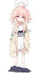 1girl :o age_regression aged_down ahoge badge blue_archive bright_pupils child commentary_request full_body halo highres jacket kiyoung_park korean_commentary logo_print looking_at_viewer natsu_(band)_(blue_archive) natsu_(blue_archive) oversized_clothes print_shirt red_eyes shirt sidelocks simple_background skirt sleeves_past_fingers sleeves_past_wrists socks solo triangle_mouth twintails unworn_skirt white_background white_pupils white_shirt white_socks yellow_jacket
